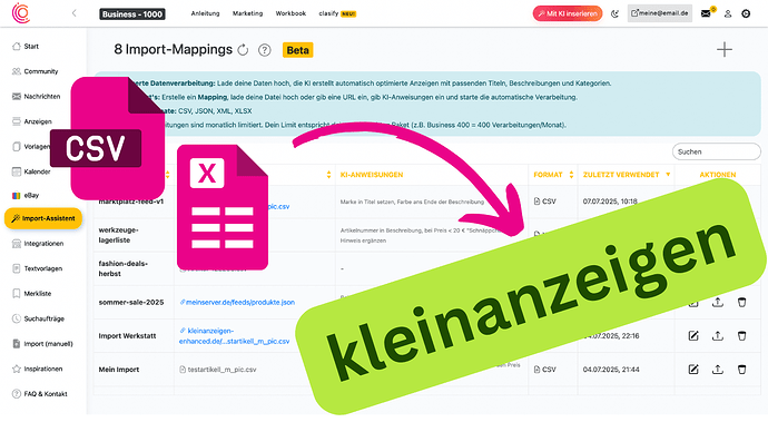 CSV Excel JSON XML zu Kleinanzeigen übertragen